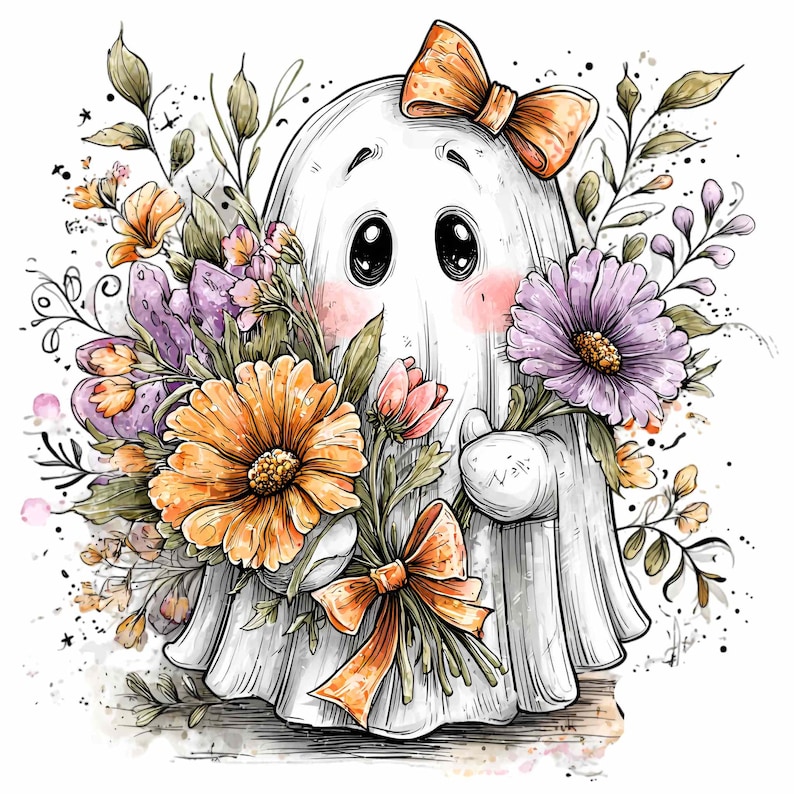 Floral bouquet – Cute ghost PNG clipart – Pastel Halloween art for spooky season crafts, stickers, cards, sublimation designs