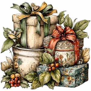 11 PNG花柄ギフトボックス – クリスマスヴィンテージPNG – カード、印刷可能なタグ、冬の工芸品、お祝いの装飾デザインのためのエレガントなホリデークリップアート