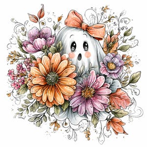 May include: A watercolor illustration of a friendly ghost surrounded by colorful flowers and foliage. The ghost has a peach-colored bow and rosy cheeks. The flowers include orange, pink, and purple blooms, with green leaves and delicate vines.