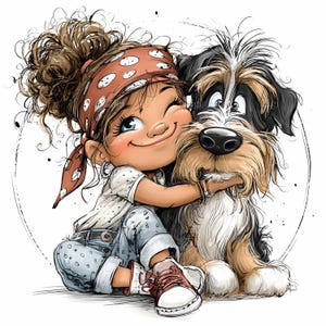 15 JPEG Hugging girl and dog clipart – Cute cartoon JPG – Fun digital art for kids prints, pet lover gifts, planner pages, crafts