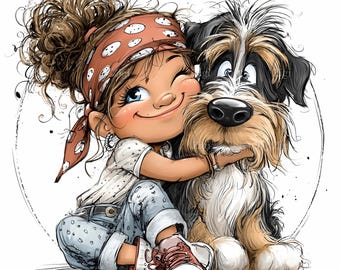 15 JPEG Hugging girl and dog clipart – Cute cartoon JPG – Fun digital art  for kids prints, pet lover gifts, planner pages, crafts