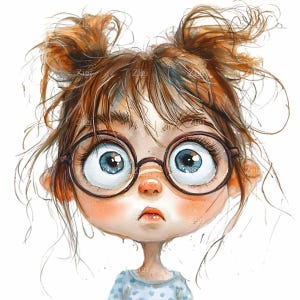 15 Ragazza carina PNG con capelli arruffati PNG Clipart, download digitale, grandi occhi azzurri e illustrazione di occhiali rotondi