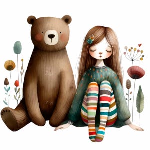 12 imágenes prediseñadas PNG de niña y oso, lindo niño con medias de rayas sentado con un oso, arte digital, ilustración del bosque