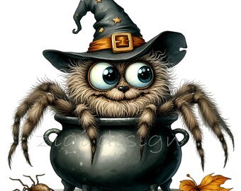10 PNG Halloween Spider in Cauldron Clipart, Witch Hat Digital Art