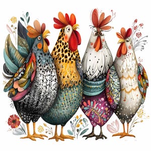 Könnte beinhalten: Eine farbenfrohe Illustration von vier Hähnen, die nebeneinander stehen. Jeder Hahn hat ein einzigartiges Gefieder mit lebendigen Mustern und Farben, darunter Orange, Rot, Blau und Gelb. Der Hintergrund ist weiß mit floralen Akzenten.