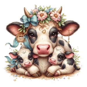 10 imágenes prediseñadas de familia de vacas PNG: linda ilustración PNG: animales de granja florales con terneros para impresiones de guardería, día de la madre, decoración infantil