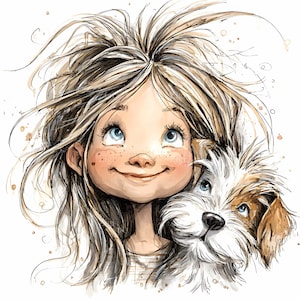 20 JPEG Messy hair girl and puppy clipart – Cute JPG illustration for kids crafts, pet lover prints, nursery art, greeting cards
