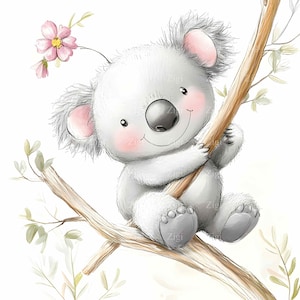 16 imágenes prediseñadas de koala adorable en formato JPEG: lindo koala sonriente abrazando una rama de árbol con hojas y flores, descarga digital en formato JPG