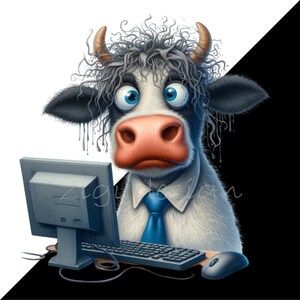 10 Funny Cow Programmer PNG Clipart | Stressed Cow at Computer Desk ...