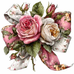 May include: A digital illustration of a bouquet of roses and a decorative bow. The roses are pink and cream-colored, with green leaves and buds. The bow is pink and white, with a floral pattern. The image is set against a white background.