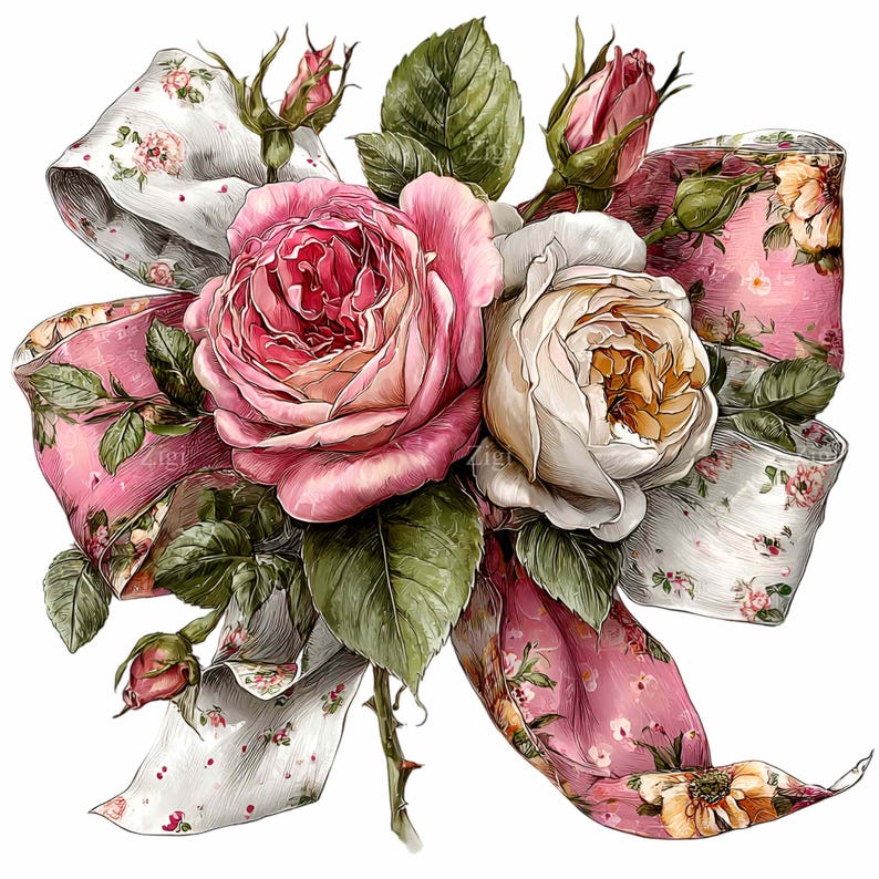 May include: A digital illustration of a bouquet of roses and a decorative bow. The roses are pink and cream-colored, with green leaves and buds. The bow is pink and white, with a floral pattern. The image is set against a white background.