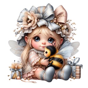 12 adorables hadas con lazo grande, sosteniendo una abeja esponjosa y rodeadas de regalos – Arte digital de fantasía adorable