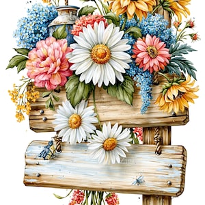 May include: A decorative wooden sign hanging from a rope, adorned with a vibrant floral arrangement featuring white daisies, yellow sunflowers, pink peonies, and blue hydrangea blossoms, accented by a small blue butterfly and a dragonfly.