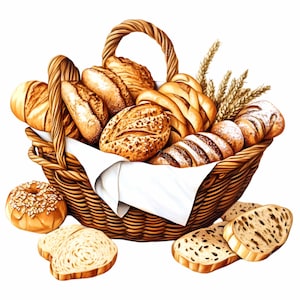 14 Clipart PNG di cestini di pane, illustrazione di prodotti da forno freschi, arte digitale di pagnotte artigianali per decorazioni da cucina, sublimazione e stampe
