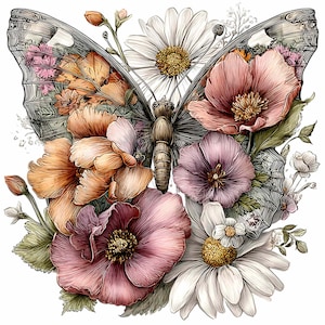 May include: An illustrated butterfly with detailed wing patterns, set amongst a bouquet of colourful flowers. The flowers include daisies, poppies, and other blooms in shades of pink, orange, and white, creating a vibrant floral design.