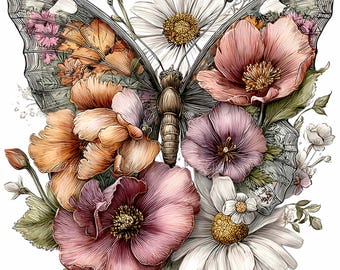 May include: A detailed illustration of a butterfly with intricate wing patterns, surrounded by a bouquet of colorful flowers. The flowers include daisies, poppies, and other blooms in shades of pink, orange, and white, creating a vibrant floral design.