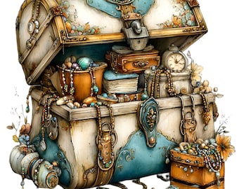 15 PNG Vintage Treasure Chest, Watercolor Jewelry Box Clipart