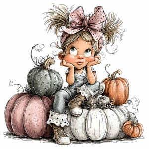 10 JPEG Fall Girl – Pumpkin Patch JPG Clipart – Cute Autumn Illustration for Cards, Stickers, Wall Art, Scrapbook, Printable Decor