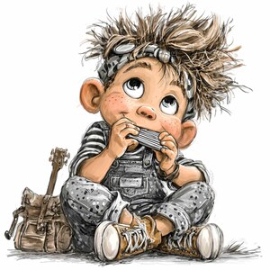 Könnte beinhalten: Illustration eines jungen Musikers, der Mundharmonika spielt und nach oben blickt. Die Person trägt ein gestreiftes Hemd, eine Latzhose und Turnschuhe. Eine Gitarre und ein Rucksack deuten auf ein musikalisches Thema hin.