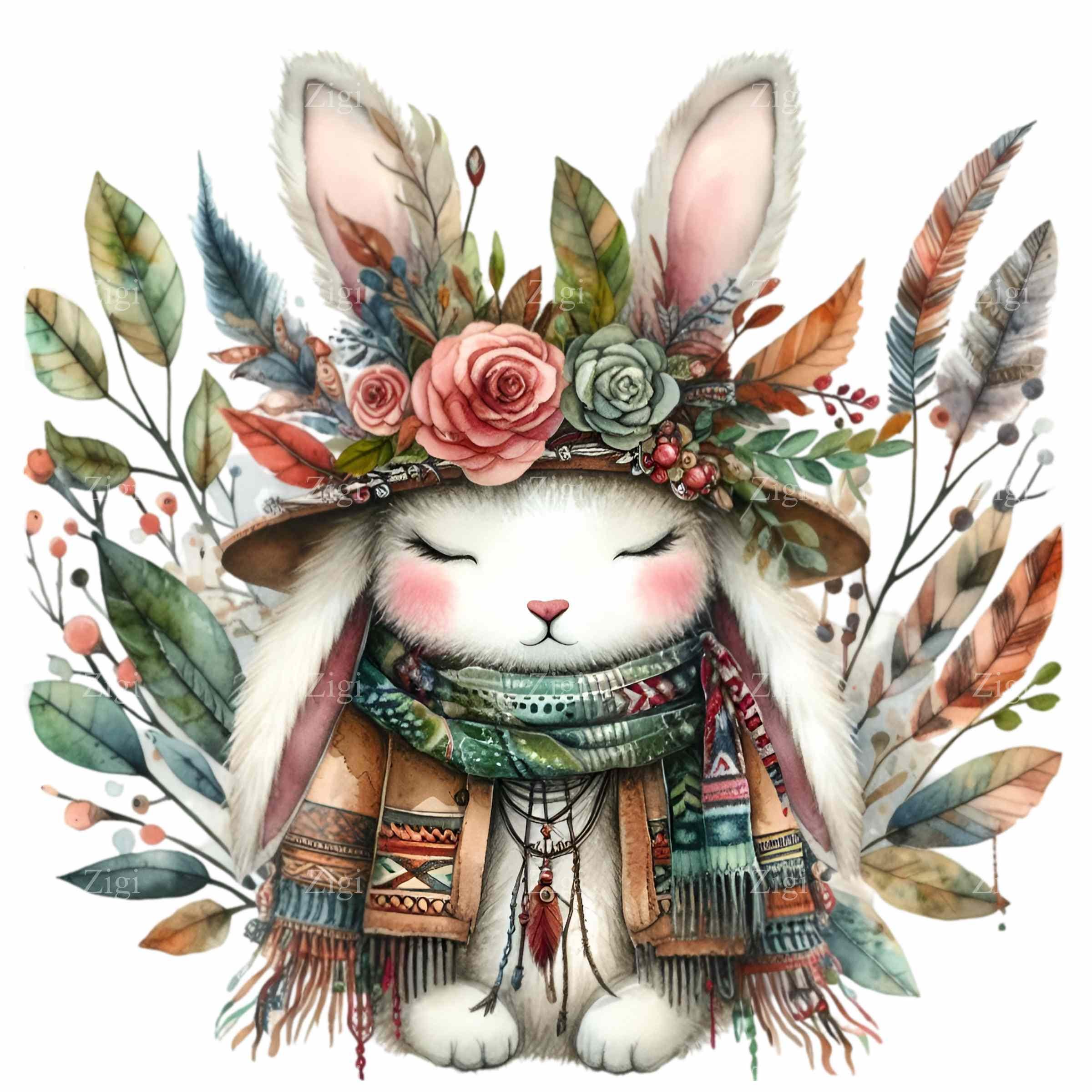 Feathered Rabbit 12 PNG Tribal Rabbit Clipart, Feather Headdress Animal Illustration ...