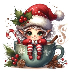 17 PNG clipart elfo di cioccolata calda – elfo PNG di Natale in tazza – arte festiva della tazza di cioccolata calda per artigianato invernale e sublimazione