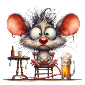 Könnte beinhalten: Eine Cartoon-Maus mit großen Augen und einem unordentlichen Fell sitzt auf einem Holzstuhl mit einem Glas Bier davor. Die Maus hat einen besorgten Gesichtsausdruck. Es gibt einen Tisch mit einer Flasche und einem Glas darauf.