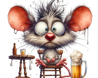 12 PNG Funny Drunk Mouse Clipart – Cartoon Bar Animal Illustration, Beer Mug Humor, Party Sublimation, T-Shirt, Sticker Design