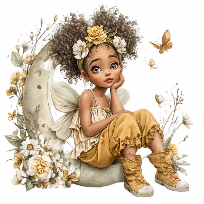 May include: A digital illustration of a fairy girl with brown curly hair, wearing a yellow outfit and boots, sitting on a crescent moon. She has a floral headband and butterfly wings. Butterflies and flowers surround her.