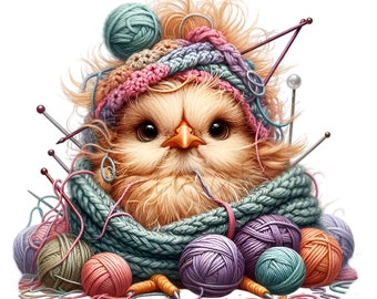15 PNG Knitting Chick, Crochet Bird Clipart, Yarn Lover Graphics, Spring Animal