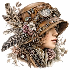 Op de afbeelding: Gedetailleerde illustratie van een vrouw met een bruine leren hoed versierd met een vintage klok, juwelen en bloemen. De hoed is versierd met veren en een bloemstuk. De vrouw draagt een bruine jas en sieraden.