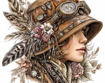 10 PNG Steampunk Woman Clipart – Vintage Portrait PNG – Retro Fashion Illustration with Gears and Flowers for Wall Art, Crafts