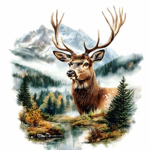 16 JPEG bergherten clipart – hert in boslandschap JPG – wilde dieren in het bos voor natuurkunst aan de muur en projecten met een buitenthema