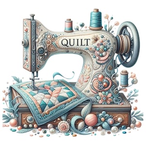 Quilting Clipart, Seamstress Clip Art, 7 PNG Plaid Watercolor Sewing Machine, Patchwork Junk Journal, Card Making, Gift Tag, Teacher Shirt