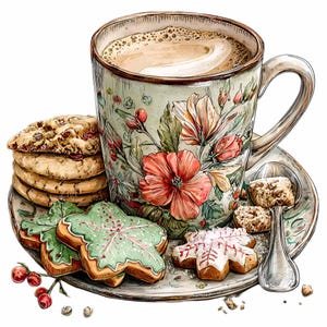 15 PNGホリデーコーヒー - 花柄マグカップとクッキーのPNGクリップアート - クリスマスカード、プランナーステッカー、レシピアート用の冬のお菓子のシーン