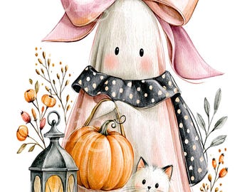 12 PNG Pink Bow Ghost, White Cat Pumpkin Lantern Halloween Fall Clipart