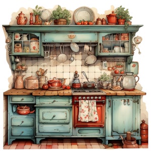 19 Vintage Kitchen Clipart PNG, Retro Kitchen Scene, Country Kitchen, Transparent Background, Kitchen Decor