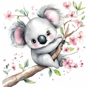 20 JPEG Koala carino su albero in fiore Clipart - Adorabile fauna selvatica australiana - Arte floreale della natura JPG