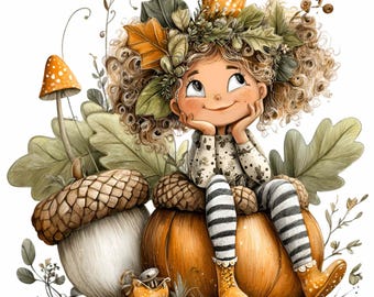 14 PNG Autumn Princess Clipart, Forest Fairy Illustration, Fall Pumpkin Graphic