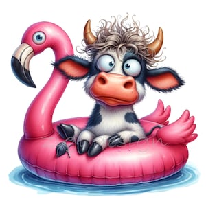 12 divertenti clipart PNG di mucche in galleggiante da piscina a forma di fenicottero con capelli ricci / cartoni animati di animali estivi per sublimazione e lavoretti da spiaggia
