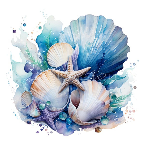 Sea Shells Clipart 10 PNG, Watercolor Seashells Underwater Ocean Beach Under the Sea Illustration Card Making, Junk Journal