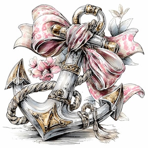 May include: Detailed illustration of a nautical anchor with a pink floral bow. The anchor is silver with gold accents and rope detailing. Pink flowers and leaves are also present, creating a decorative and feminine design.