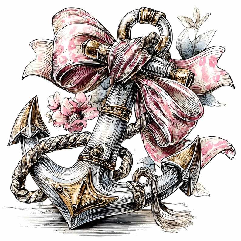 May include: Detailed illustration of a nautical anchor with a pink floral bow. The anchor is silver with gold accents and rope detailing. Pink flowers and leaves are also present, creating a decorative and feminine design.