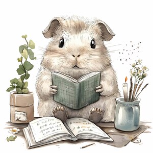 20 JPEG Cute Guinea Pig Reading Book Clipart - Scena do nauki - Urocza sztuka zwierząt JPG