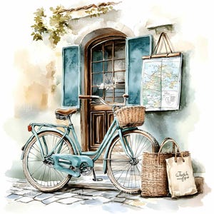 32 JPEG Vintage Bicycle Door Scene JPG Clipart, Blue Bike with Basket Illustration, French Street Map and Bags Digital Art