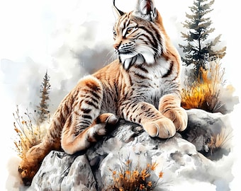 16 JPG Lynx Watercolor Illustration, Wildlife Cat Art, Forest Predator Painting, Nature Animal Clipart