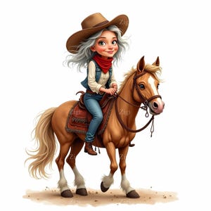 20 Clipart cow-girl JPEG – cavalier western JPG – illustration tendance de grand-mère à cheval pour décoration enfants, cartes, travaux manuels, produits à imprimer