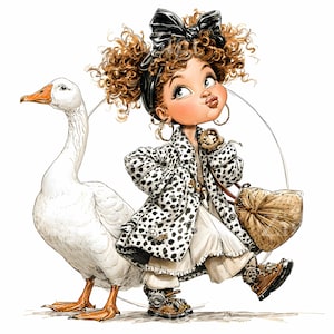 14 JPEG Chica caprichosa con ganso – Clipart JPG de dibujos animados de moda – Impresión artística para habitación infantil para decoración de pared de guardería o proyectos de manualidades divertidos