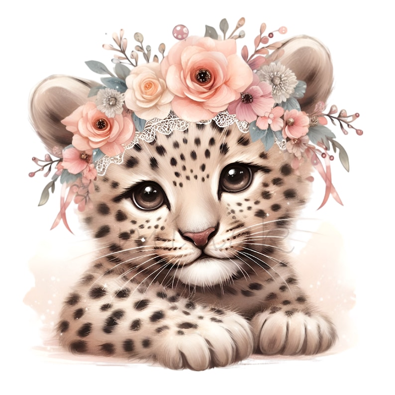 May include: A cute, cartoon-style leopard cub wearing a pink and white flower crown. The leopard has brown spots and is lying down with its paws in front of it.