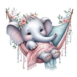 15 babyolifant in hangmat, png – pastelkleurige bloemenclipart voor kinderdagverblijfinrichting, babyshoweruitnodigingen of sublimatie van schattige dieren