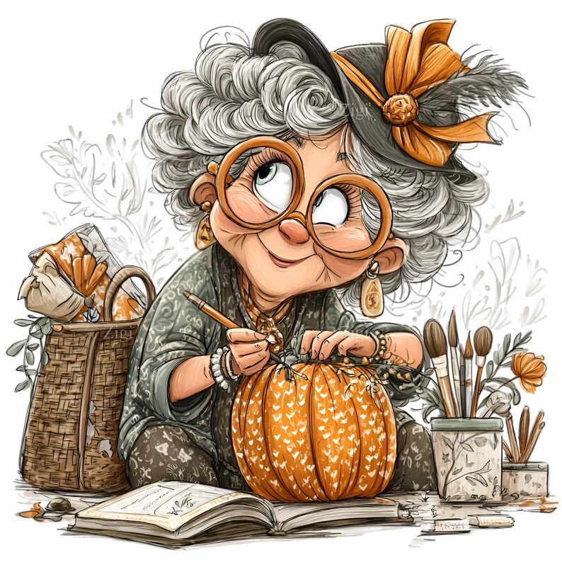 Grandma Painting Pumpkin PNG Autumn Craft Sublimation File